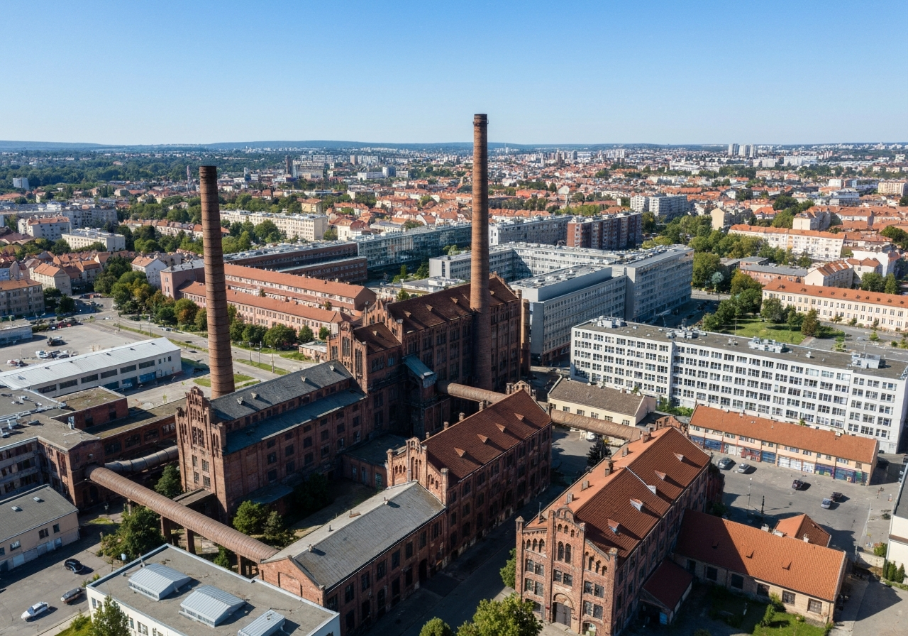 Aerial view of the modern district of Vysočany in Prague 9, architectural contrast between historic industrial buildings and new administrative centers, bright daylight, professional photography, clean composition, 85mm lens, no text, no letters.