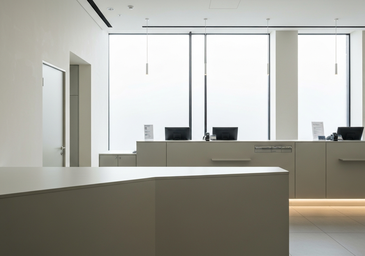 Editorial photography, modern Czech post office interior counter in Prague Vysočany, clean minimalist design, soft natural light, 85mm lens, high quality, no text, no words, no letters