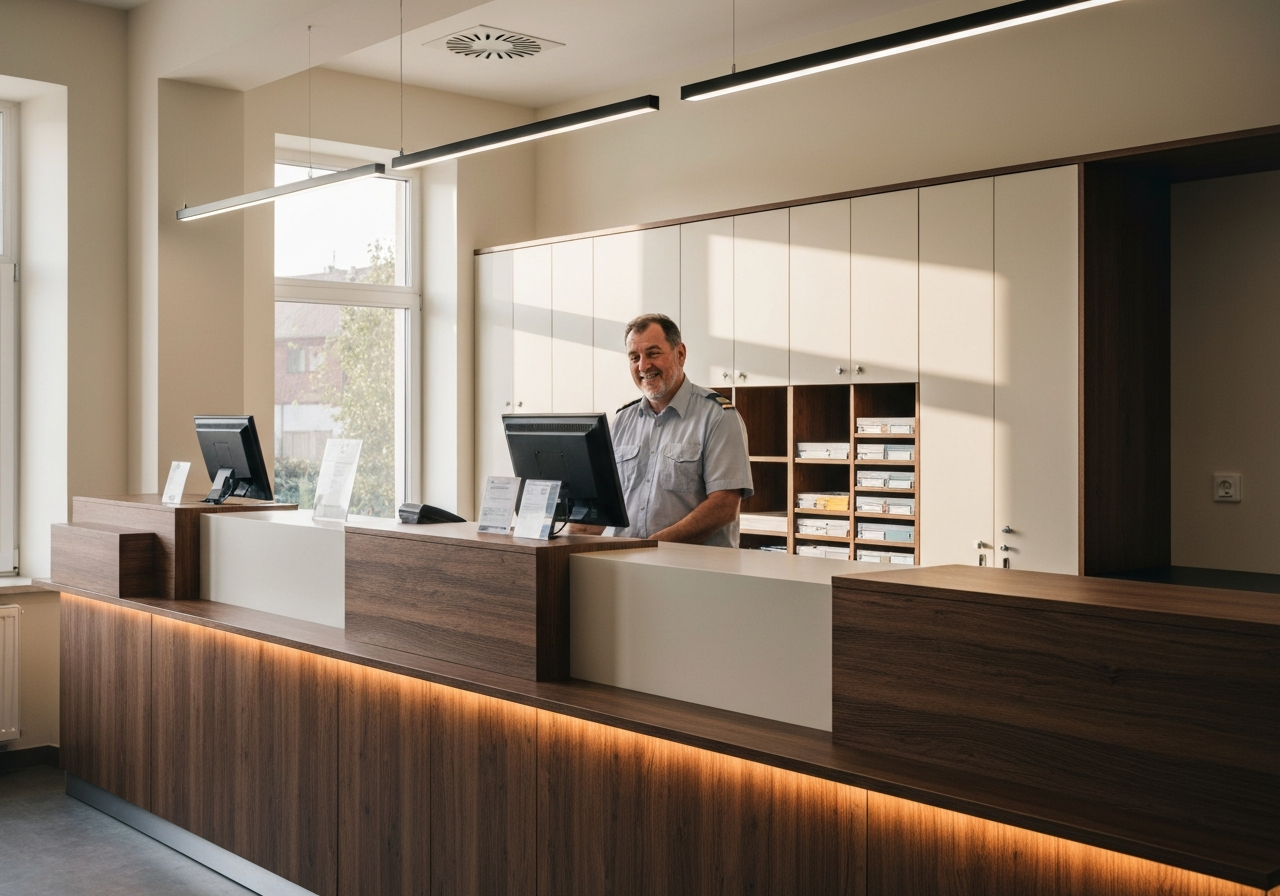 A clean, modern interior of a local Czech post office branch, close-up of a neatly organized parcel counter, wooden textures combined with minimalist professional design, soft natural morning light filtering through a window, shot with an 85mm lens, high resolution, professional editorial style, no text, no letters, no blurred people.