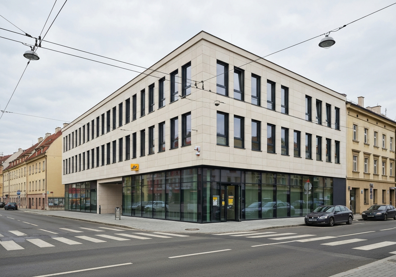 Exterior view of a modern Czech post office branch building on Olšanská street, urban Prague 3 architecture, editorial photography, clean street lines, soft natural daylight, 85mm lens, high resolution, no text, no letters