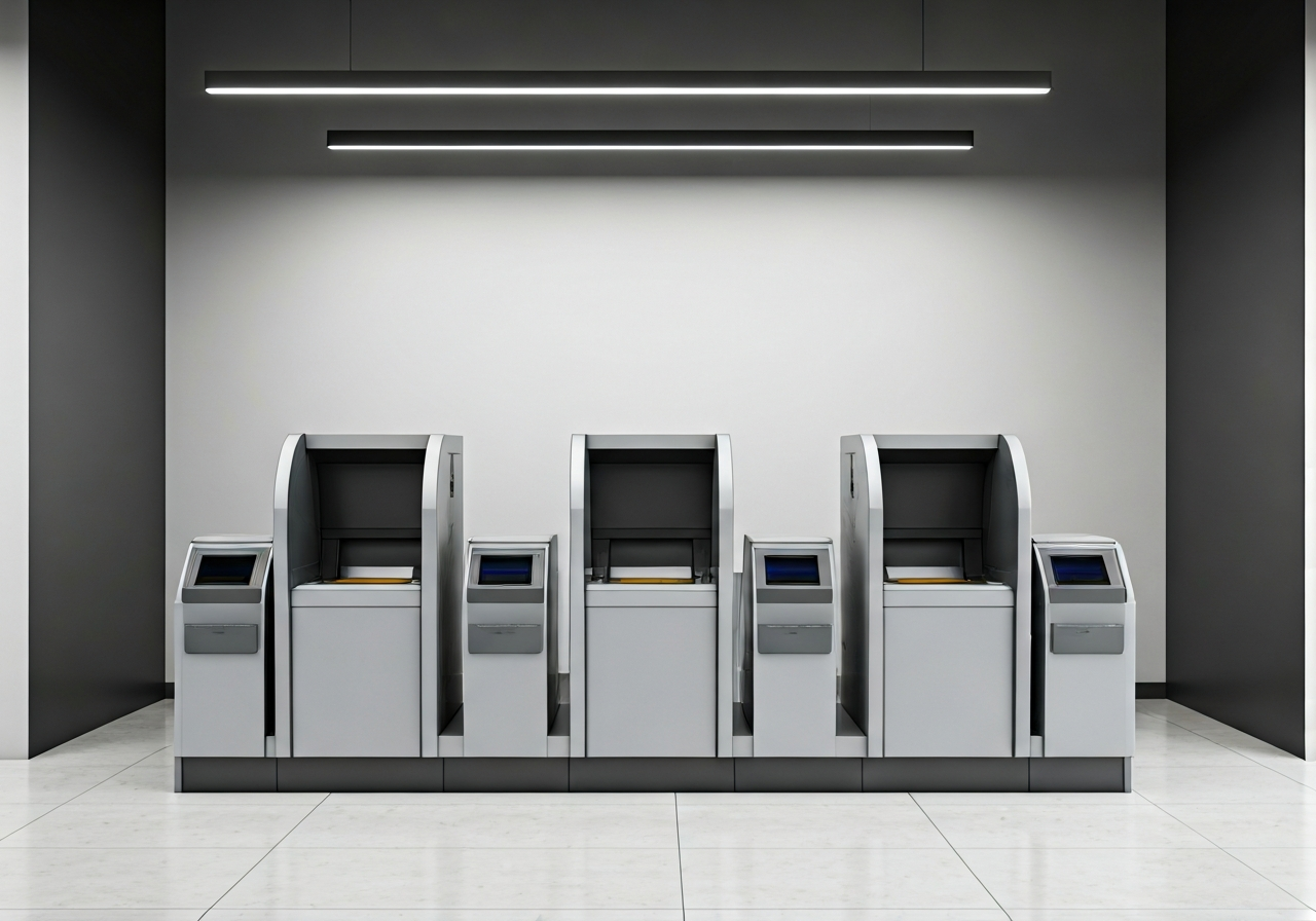 Editorial photography, modern automated parcel terminal of a post office, clean minimalist interior, soft natural light, 85mm lens, depth of field, premium aesthetic, no text, no words, no letters