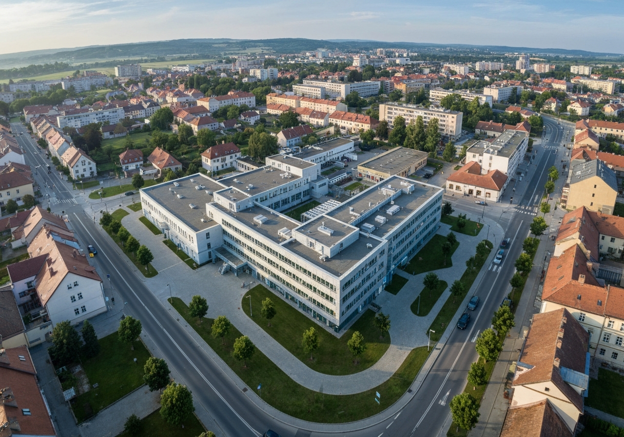 Aerial view of a modern postal sorting center in the historic town of Hlohovec, Slovak Republic, vibrant cityscape, soft morning sunlight, professional editorial photography, 85mm lens, high resolution, no text, no letters.