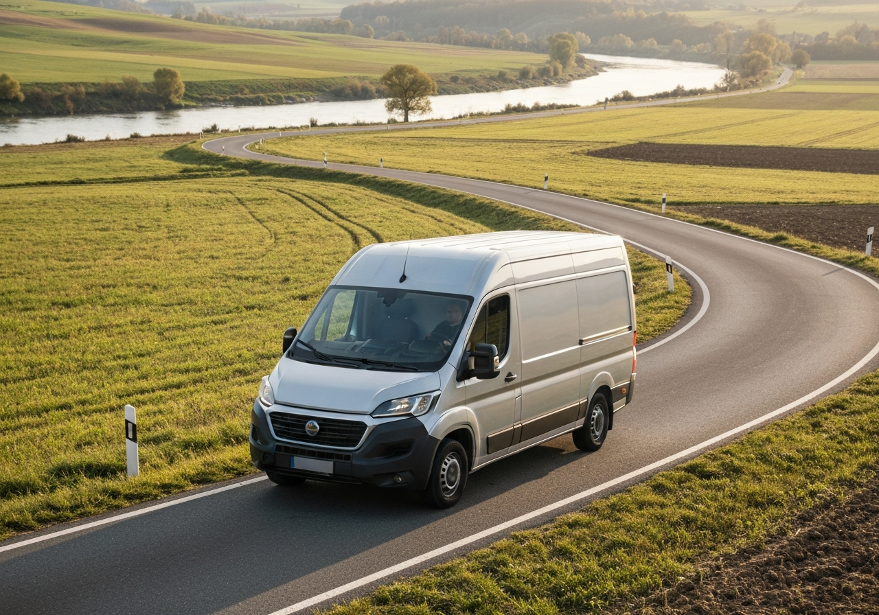 A professional logistics delivery van driving through a scenic rural road near Hlohovec with the Vah river in the background, editorial photography, modern, premium, soft natural light, 85mm lens, highly detailed, no text, no letters, no branding