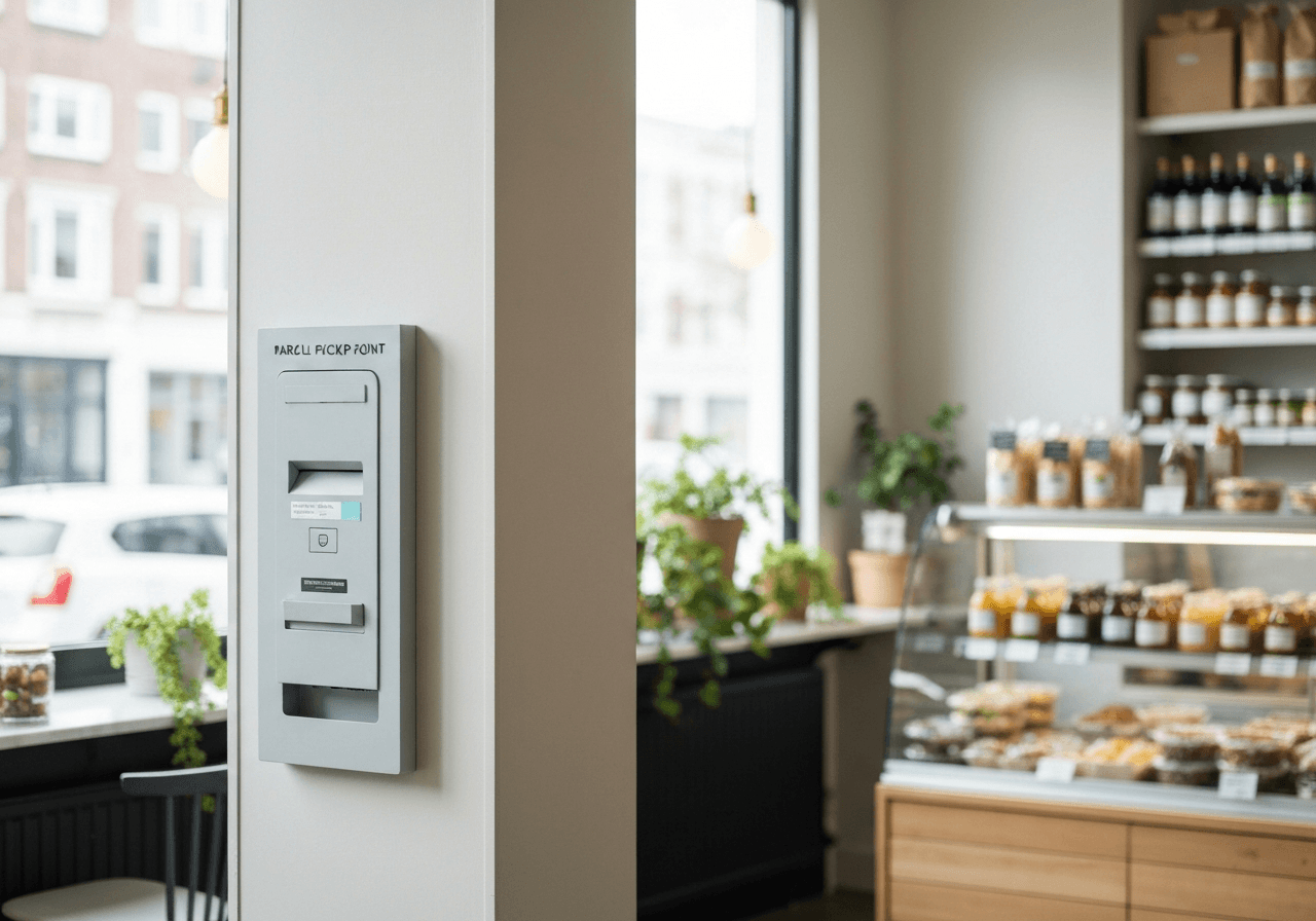 Editorial photography, a modern parcel pickup point in a cozy deli store, blurred background of artisan products, soft natural light, 85mm lens, minimalist aesthetic, no text, no words, no letters