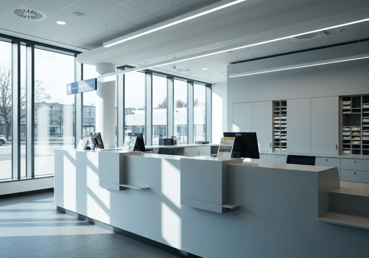 Editorial photography, modern Czech post office interior, clean signage, organized counter space, soft natural daylight entering through large windows, 85mm lens, high resolution, no text, no words, no letters