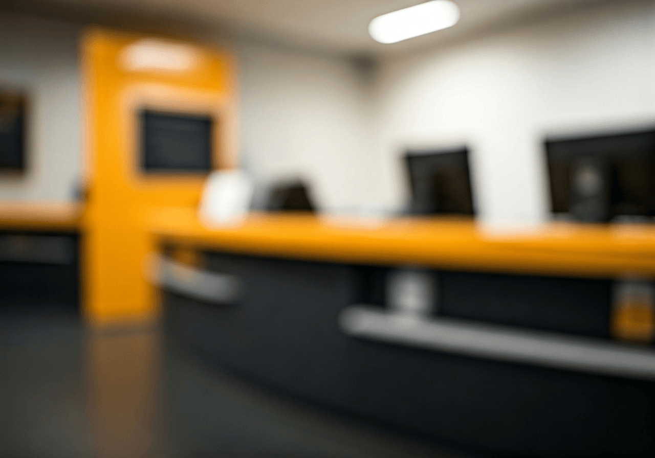 A professional customer service desk at a post office, clean modern interior, blurred background, editorial photography, soft natural light, 85mm lens, highly detailed, no text, no words, no letters