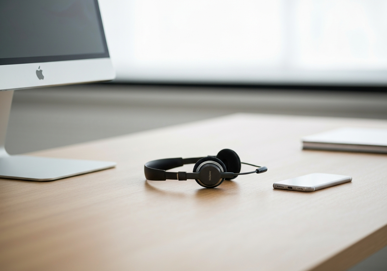 A professional customer service workstation with a sleek headset and a smartphone on a minimalist wooden desk, clean office environment, high-end editorial photography, soft natural light, 85mm lens, blurred background, no text, no letters