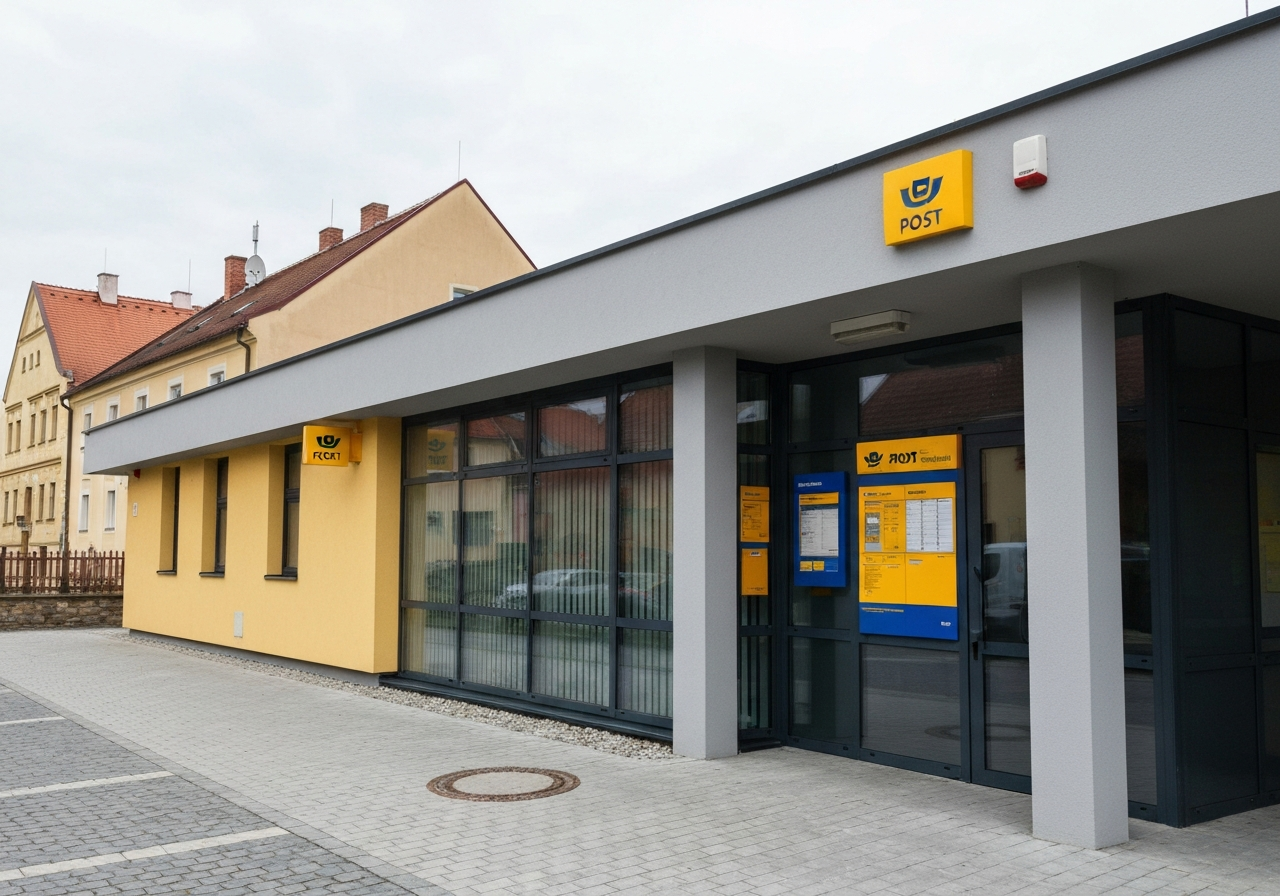 Exterior view of a modern, well-maintained Czech post office branch in a historic small town, soft natural daylight, professional editorial photography, 85mm lens, high resolution, no text, no words, no letters