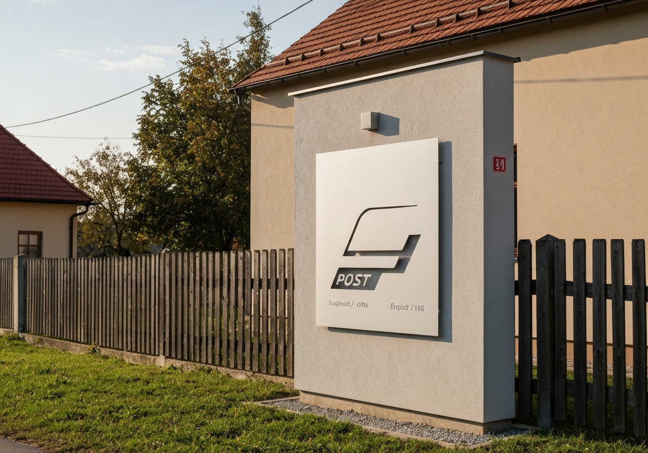 Editorial photography, modern signage of a Czech post office in a quiet rural village setting, clean architecture, soft natural light, 85mm lens, high resolution, no text, no words, no letters