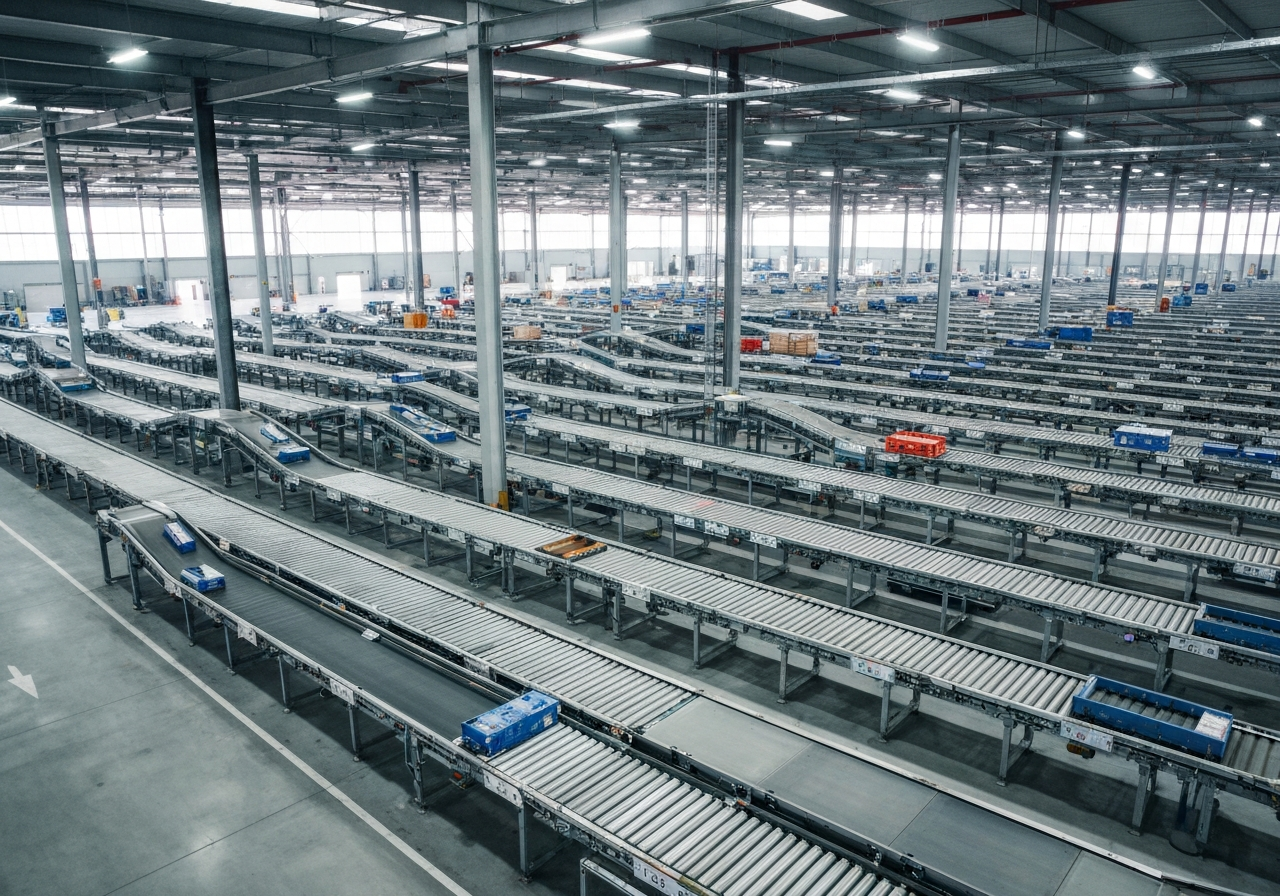 Aerial view of a modern logistics sorting facility with automated conveyor belts, clean industrial aesthetic, soft natural light, 85mm lens, high resolution, no text, no words, no letters.