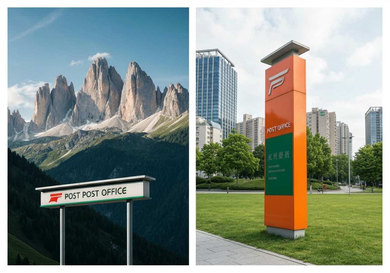 A split-screen composition showing two distinct post office signs in a modern, clean, editorial style, one in a mountainous region and the other in a lowland urban setting, soft natural light, 85mm lens, highly detailed, no text, no letters.