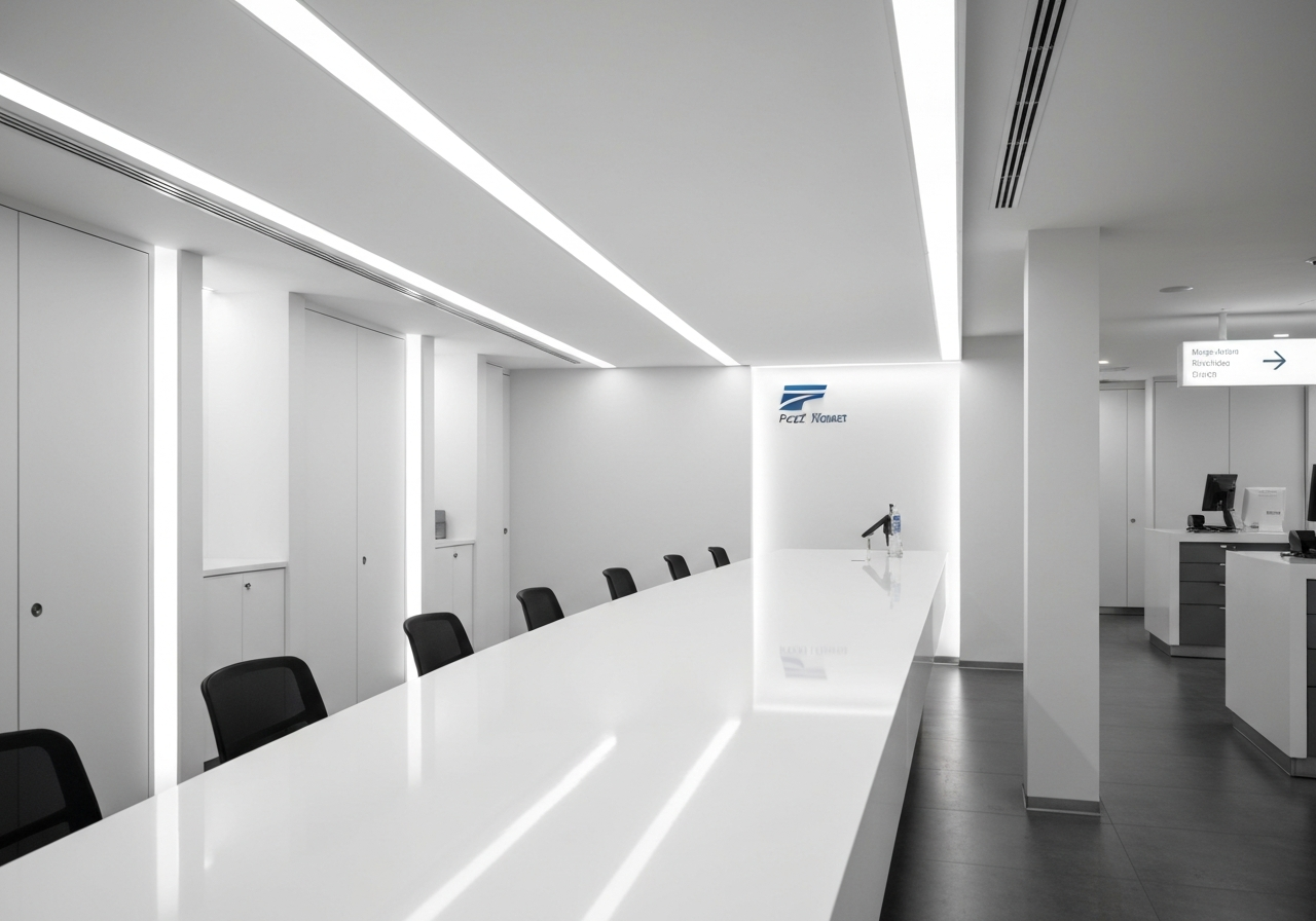 Modern post office interior, clean white counters, bright signage, minimalist architecture, soft natural light, editorial photography style, 85mm lens, high resolution, no text, no words, no letters