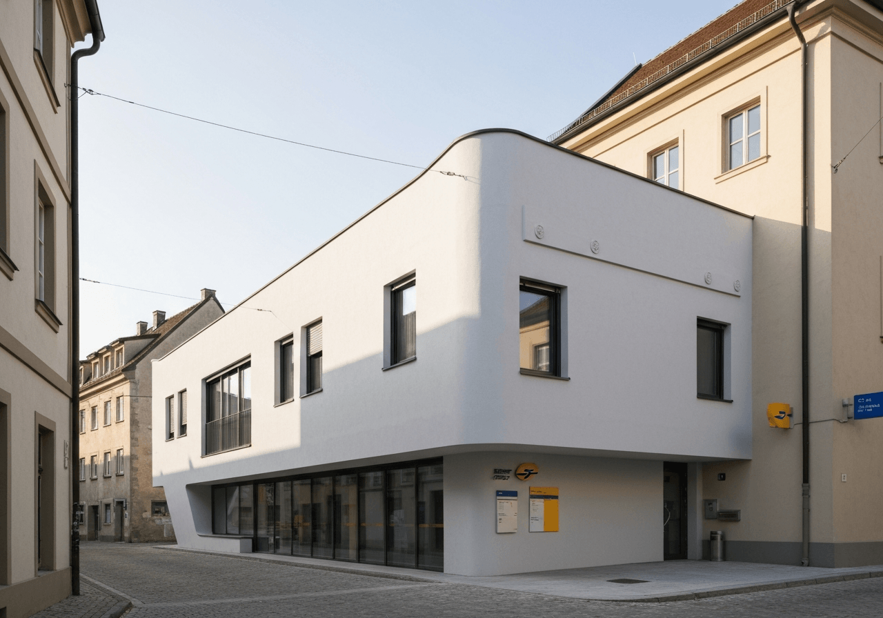 A professional exterior shot of a modern post office branch in a historic European town, clean architecture, soft natural light, 85mm lens, high resolution, no text, no letters