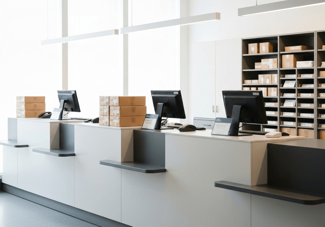 A professional, minimalist view of a modern post office counter with organized parcels, bright and airy environment, editorial photography, soft natural light, 85mm lens, high focus, no text, no words, no letters.