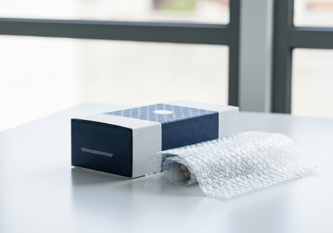Professional packaging of high-end wellness supplements in a clean, minimalist studio, bubble wrap and protective inserts, soft natural daylight, premium editorial style, 85mm lens, high resolution, no text, no letters.