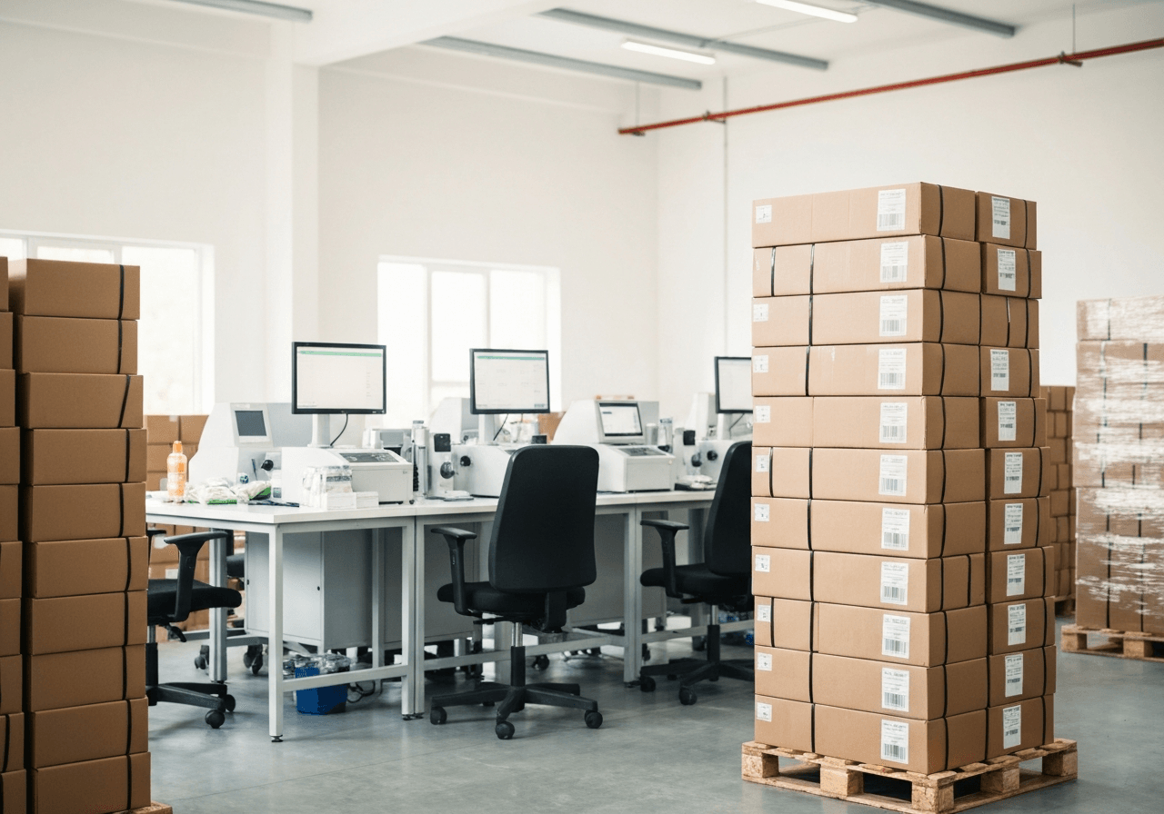 A professional logistics warehouse setting with modern packaging stations, stacks of organic health food parcels ready for international shipment, bright aesthetic, soft natural light, editorial photography style, 85mm lens, no text, no words, no letters