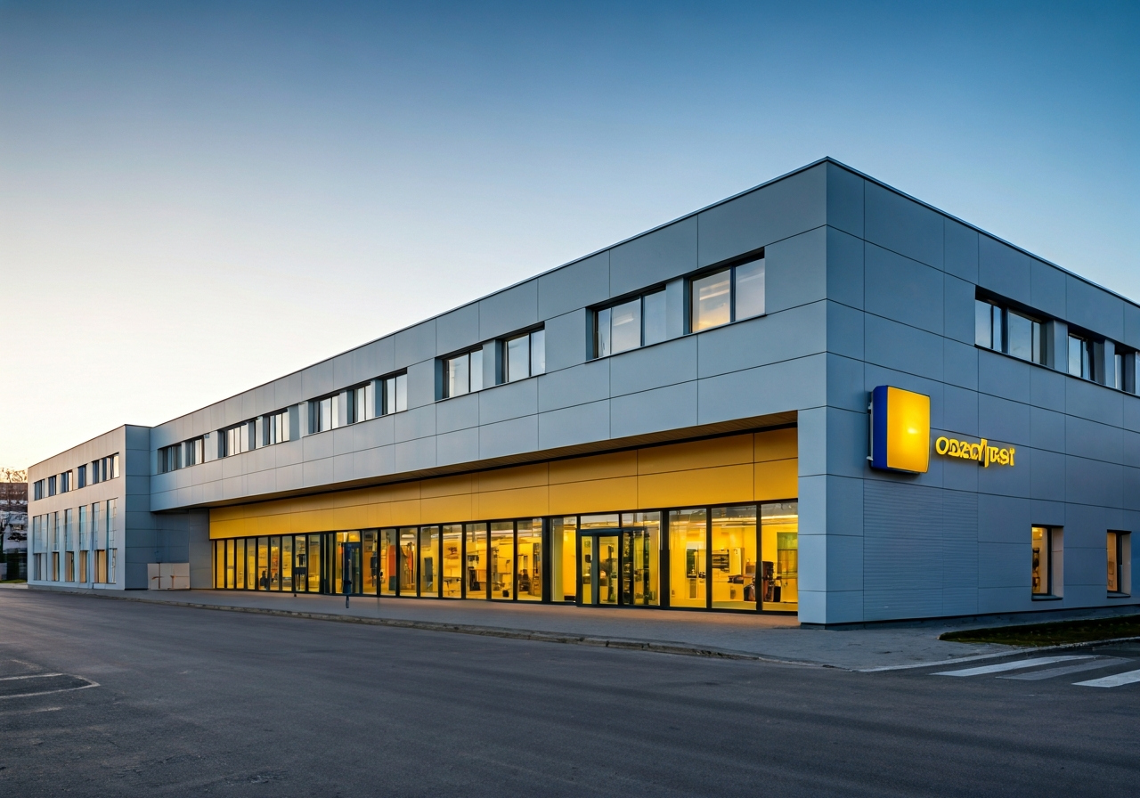 Editorial photography, the exterior facade of a modern Czech Post branch in Ostrava-Výškovice, clean architectural lines, soft daylight, 85mm lens, high resolution, professional signage, no text, no words, no letters.