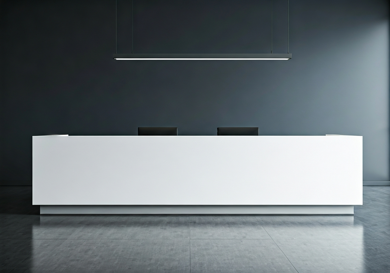 A professional logistics office counter interior with a clean, minimalist design and soft natural light, editorial photography style, 85mm lens, high focus, no text, no words, no letters