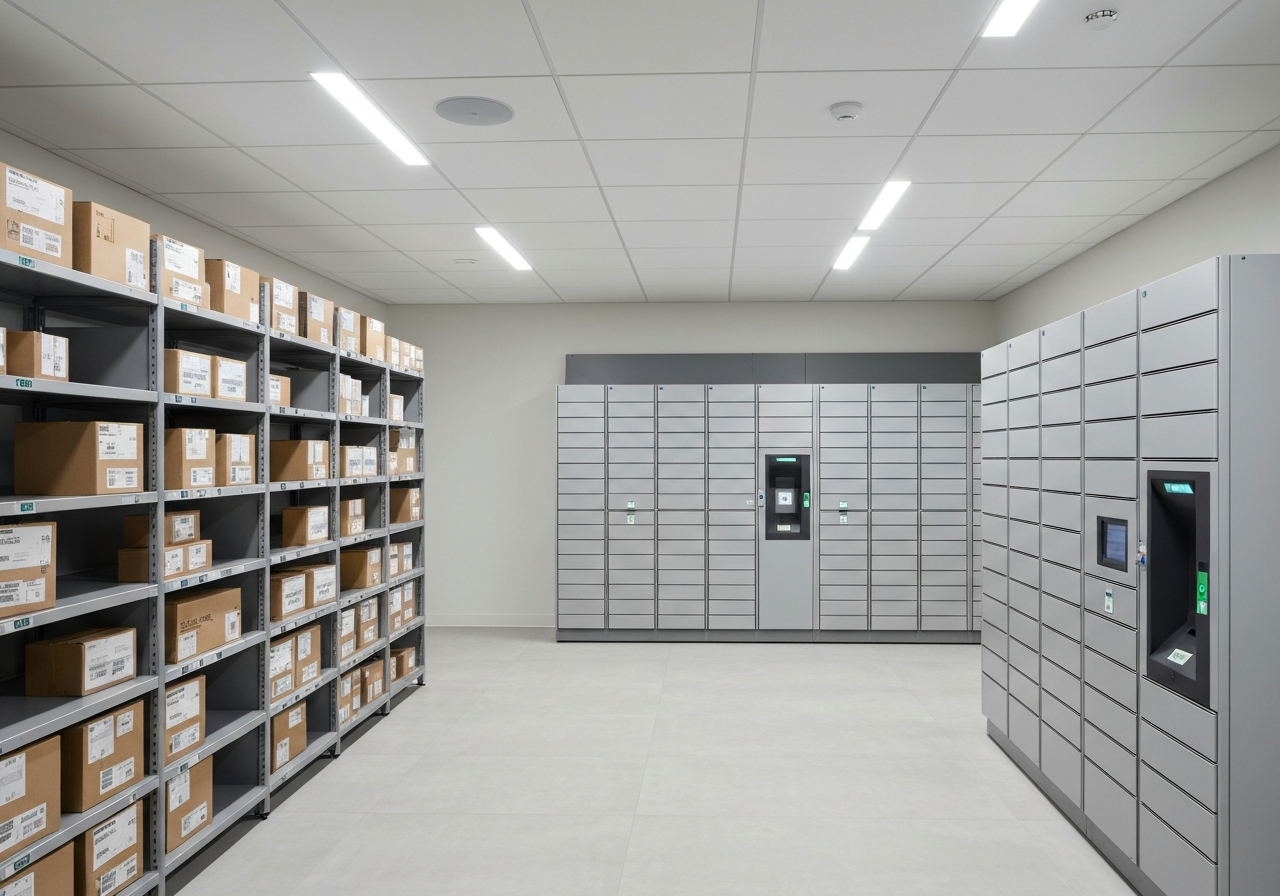 A professional logistics delivery station, a modern clean environment with shelves of parcels and automated parcel lockers, soft natural light, editorial photography, 85mm lens, high resolution, no text, no words, no letters.