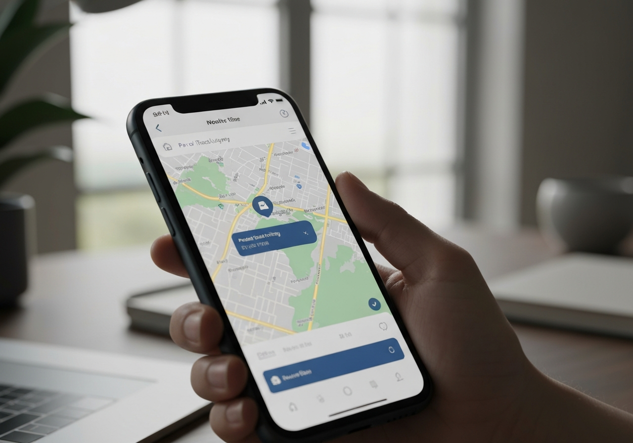 A close-up of a smartphone screen displaying a real-time parcel tracking map and a notification bubble, modern minimalist home office setting, editorial photography, soft natural light, 85mm lens, sharp focus, no text, no words, no letters.