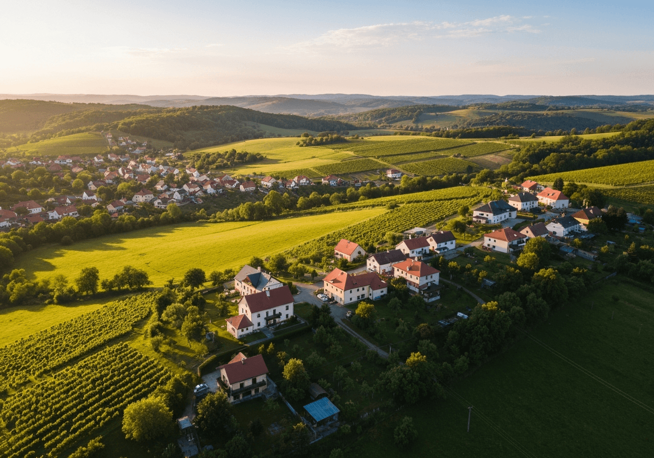 Aerial wide shot of the Krumvir village landscape, lush green South Moravian rolling hills and vineyards under a golden hour sun, cinematic editorial photography, crisp focus, 85mm lens, no text, no letters
