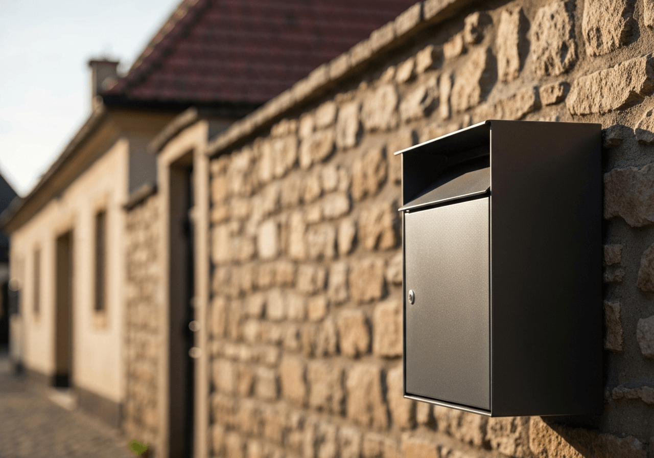A close-up editorial shot of a modern mailbox in a beautiful Moravian village, soft focus on the rustic stone wall background, warm morning sunlight, 85mm lens, high resolution, no text, no letters.