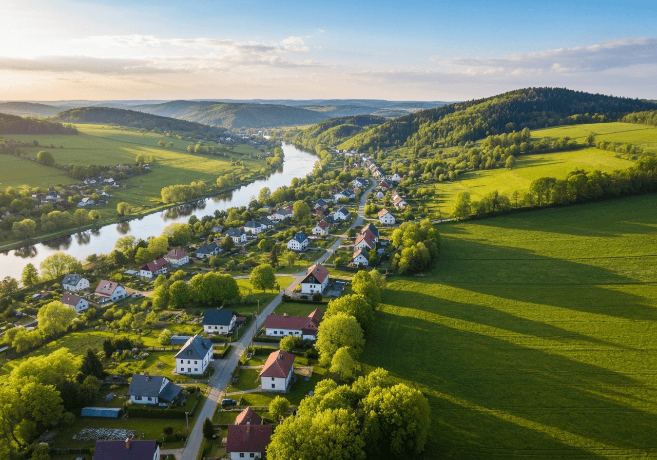 Aerial view of the Obříství village landscape, lush green surroundings near the Elbe river, peaceful rural atmosphere, editorial photography, cinematic lighting, wide angle 35mm lens, high resolution, no text, no words, no letters