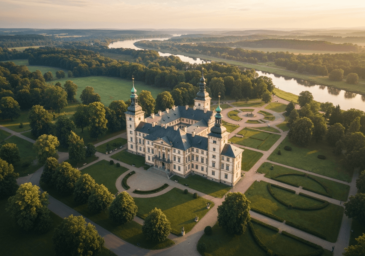 Aerial view of the historic Obříství Chateau surrounded by lush green parkland near the Elbe river, cinematic soft morning light, editorial architectural photography, 85mm lens, highly detailed, serene atmosphere, no text, no letters