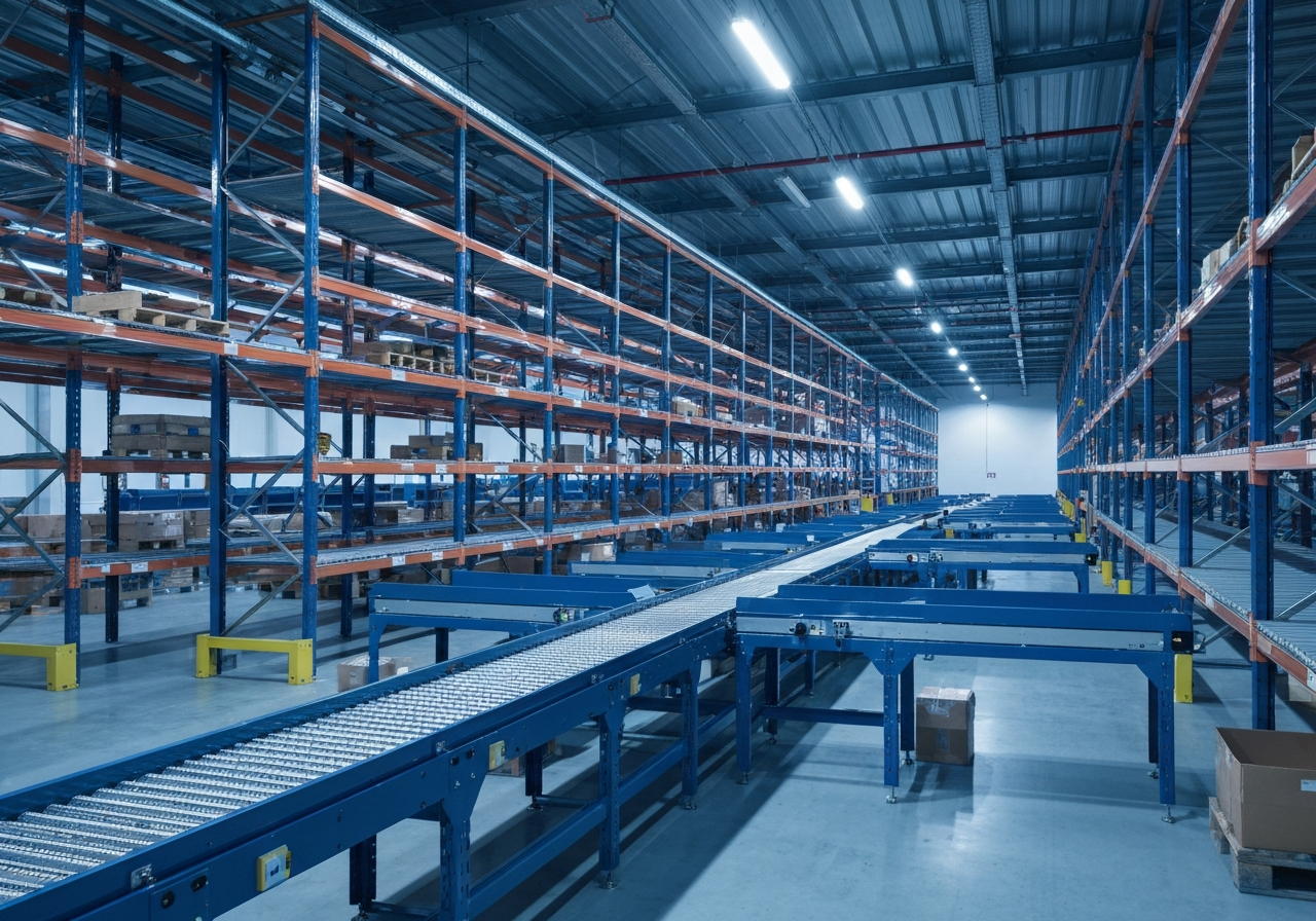A professional logistics hub interior with sleek warehouse shelving, blue and grey color palette, high-tech sorting conveyor belts, premium editorial photography style, soft industrial ambient lighting, shallow depth of field, 85mm lens, no text, no letters