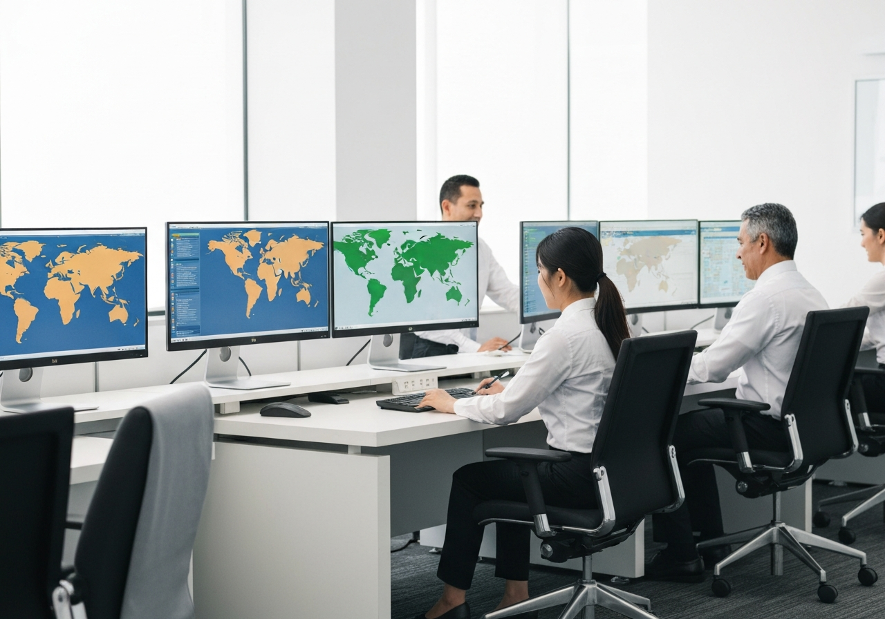 A professional logistics customer service center, modern ergonomic workspace with digital monitors displaying global shipping maps, clean minimalist office environment, editorial photography, soft natural light, 85mm lens, high-end corporate aesthetic, no text, no words, no letters