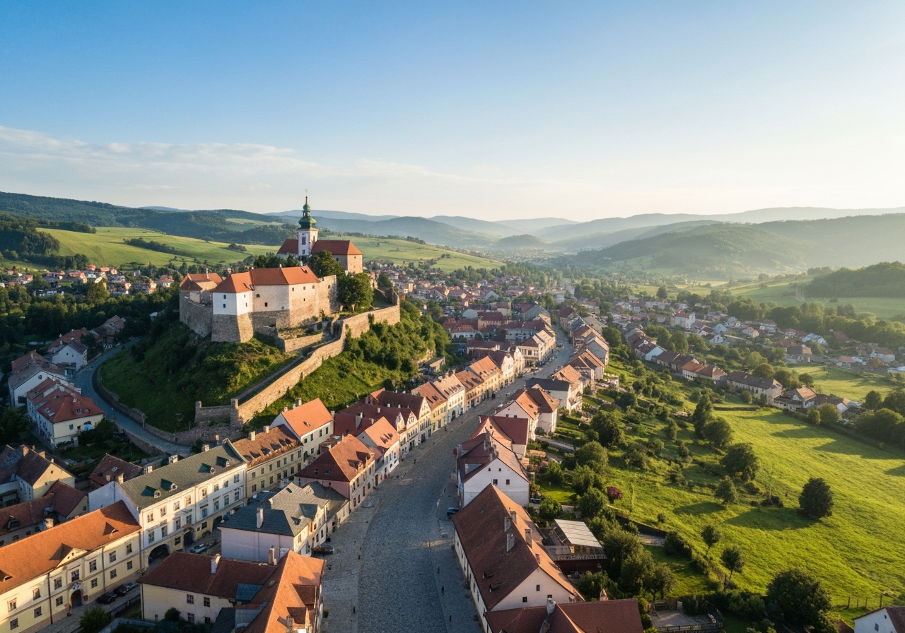Aerial panoramic view of the historic town of Levoča in the Prešov Region, surrounded by rolling hills under a soft morning light, editorial photography, 85mm lens, high resolution, no text, no letters.