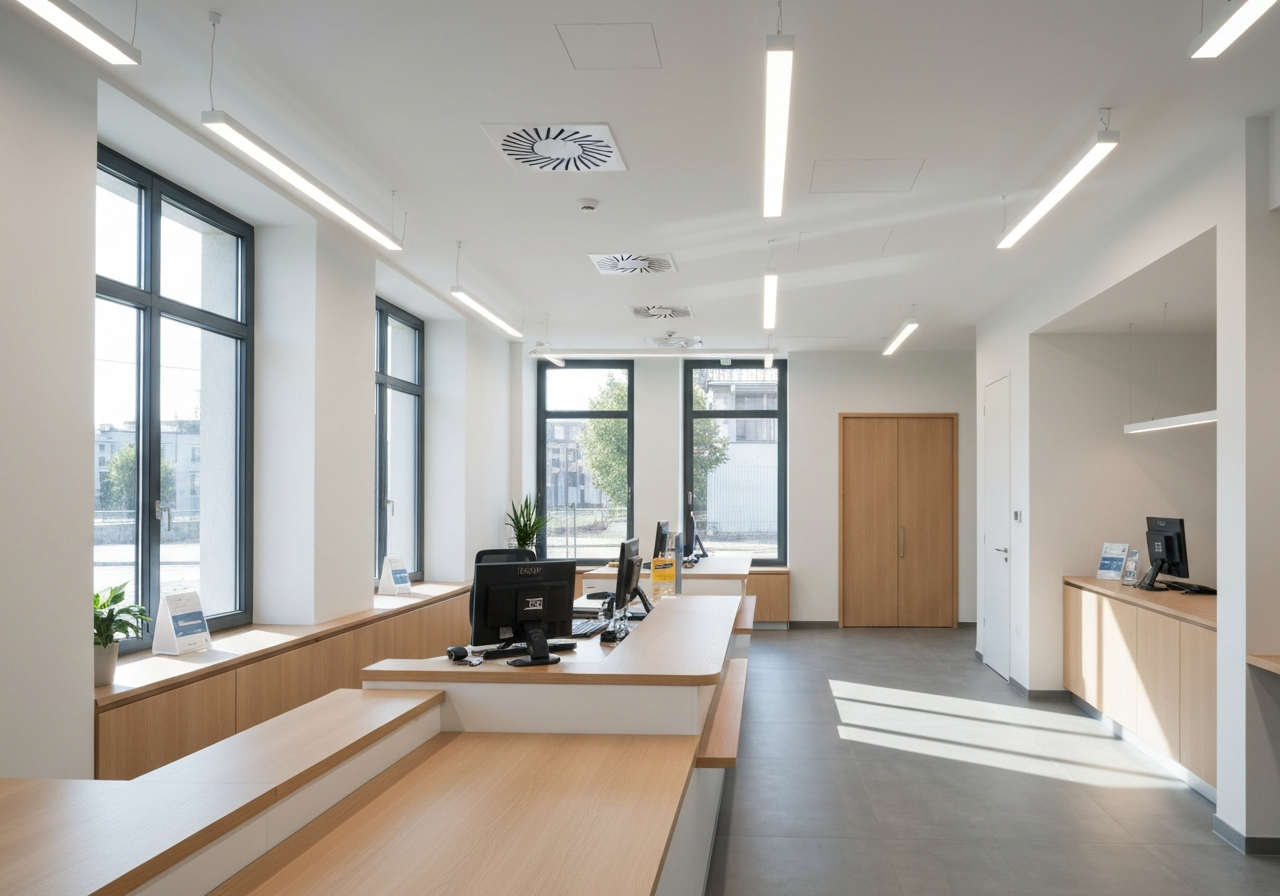 Editorial photography, professional interior of a modern post office branch in Levoča, clean lines, minimalist service desk, soft natural light streaming through windows, 85mm lens, high-end atmosphere, no text, no letters, no labels.