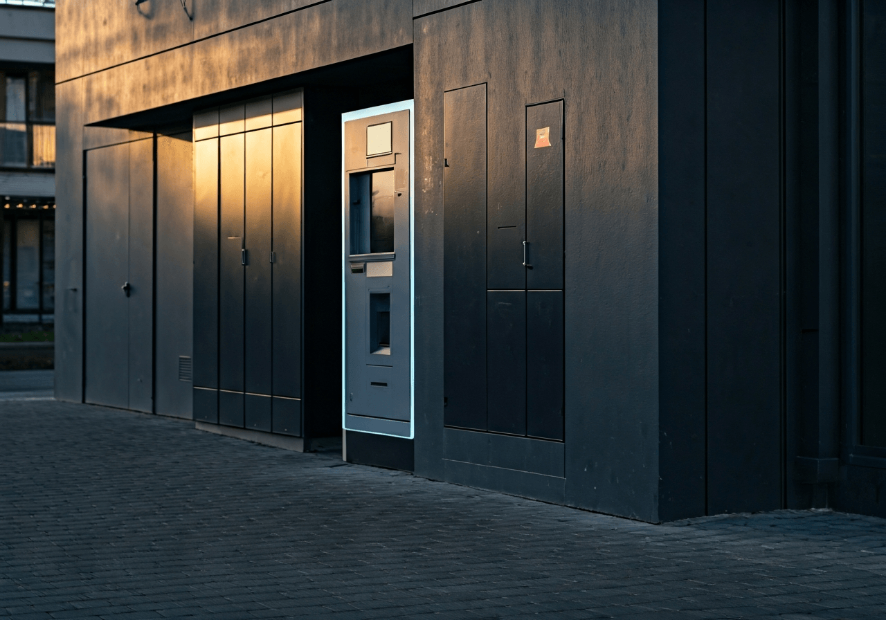 A modern, minimalist Z-BOX automated parcel terminal located in a clean residential area of Rokycany, soft natural morning sunlight, 85mm lens, high-end editorial photography, shallow depth of field, no text, no words, no letters
