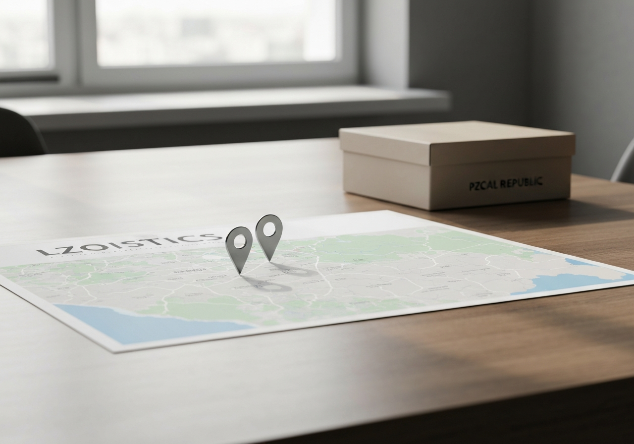 A professional logistics map showing two distinct pins on the map of the Czech Republic, modern minimalist office desk with a parcel delivery box, premium clean aesthetic, soft natural light, 85mm lens, no text, no words, no letters