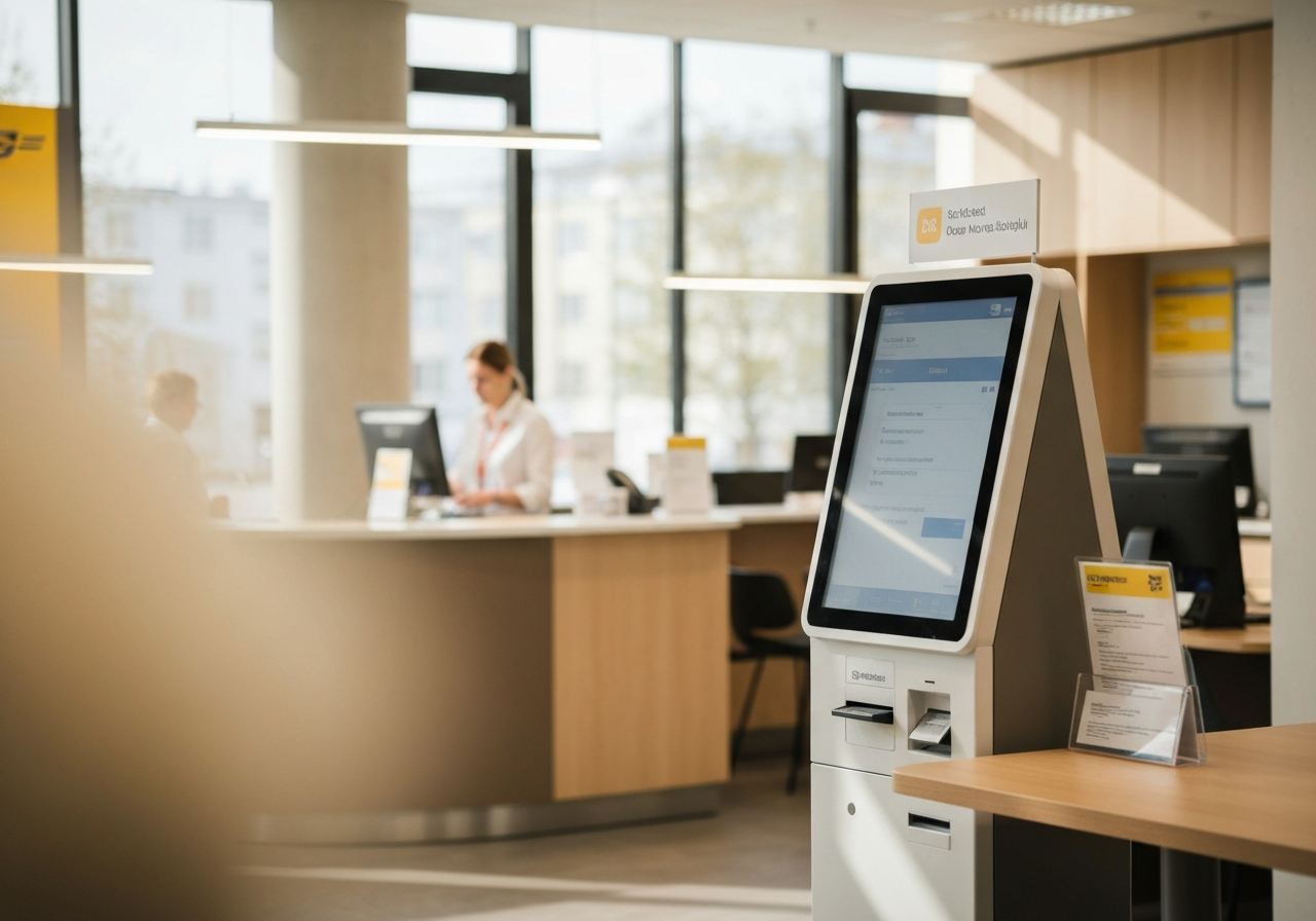A professional interior of a modern Czech post office branch, clean aesthetic, focus on a digital interface for administrative tasks, soft natural light, professional editorial photography, 85mm lens, no text, no words, no letters