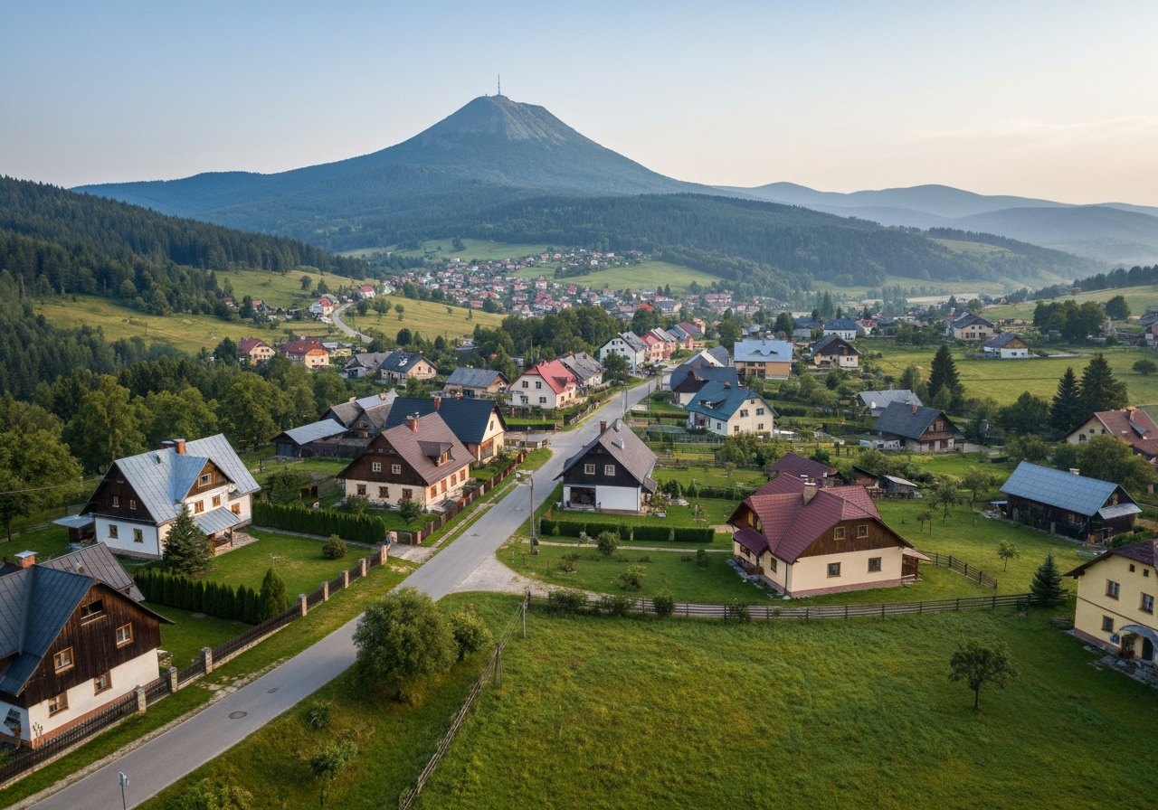 Aerial view of a picturesque village nestled in the green Beskydy mountains, Velká Čantoryje peak in the background, rural landscape, soft natural morning light, cinematic atmosphere, 85mm lens, high resolution, no text, no letters
