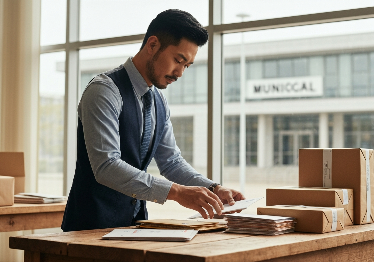 Close-up professional editorial shot of a person sorting neatly organized mail and packages on a rustic wooden desk, blurred modern municipal building in the background, soft natural sunlight, 85mm lens, minimalist and clean aesthetic, high resolution, no text, no words, no letters