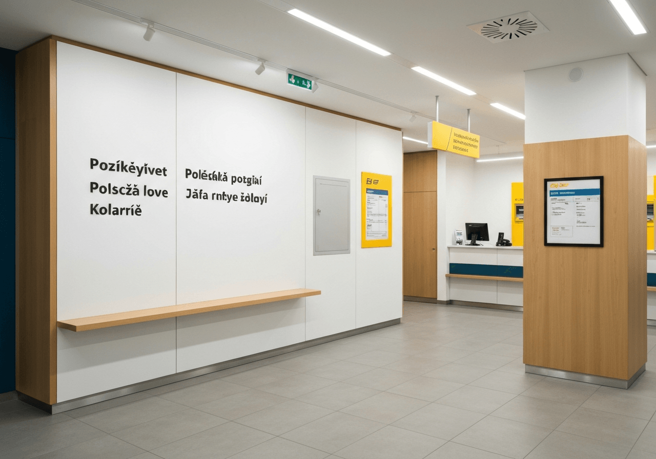 A high-quality editorial shot of a clean, modern Czech post office interior with minimalist signage, soft natural light, 85mm lens, depth of field, no text, no words, no letters