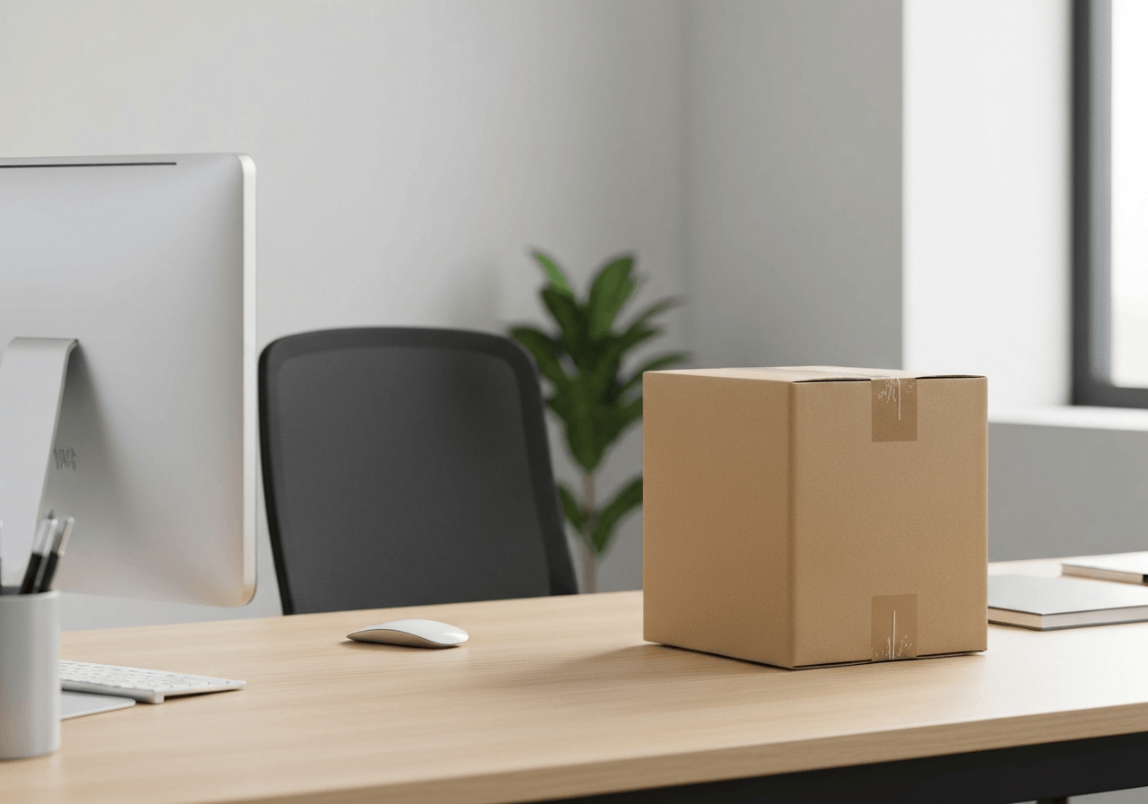 A neat, organized desk with a neatly packed cardboard parcel ready for shipping, modern minimalist office interior, soft natural light, premium editorial photography, 85mm lens, no text, no words, no letters
