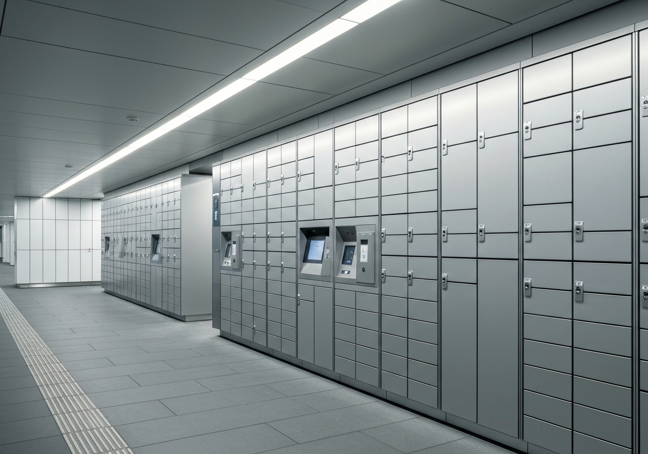 Úschovna zavazadel Berlín: Kde je to nejlevnější? (Tip) 2 A modern smart locker storage facility in a Berlin subway station, sleek metallic lockers, clean architectural lines, editorial photography, soft natural light, 85mm lens, highly detailed, no text, no letters