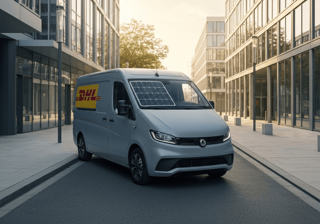 A high-tech DHL electric delivery van parked on a clean, modern city street, smart logistics and urban efficiency, editorial photography, soft natural morning light, 85mm lens, high detail, no text, no letters