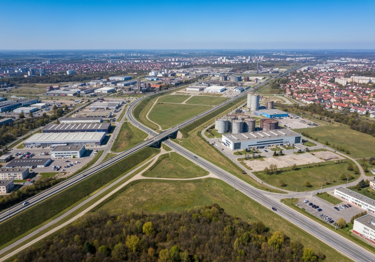 Aerial view of Bílina landscape with clear infrastructure lines, modern editorial style, crisp natural daylight, 85mm lens, high resolution, no text, no letters