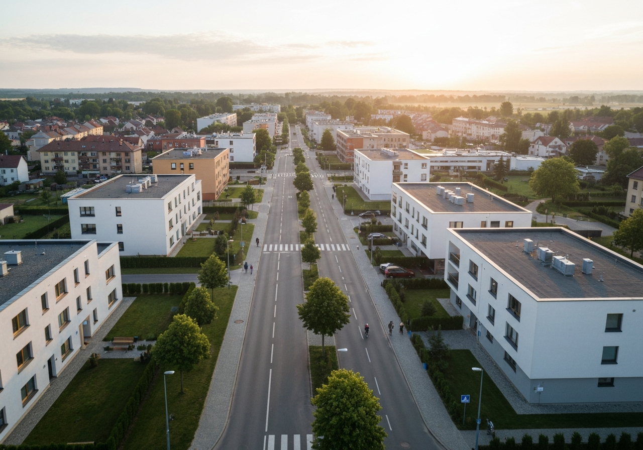 Aerial view of a modern residential neighborhood in a Czech town, clean streets, organized suburban infrastructure, soft morning sunlight, cinematic composition, 85mm lens, highly detailed, no text, no words, no letters