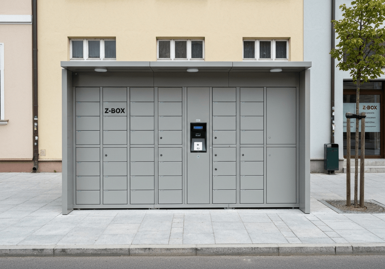 A modern, minimalist outdoor Z-BOX locker station located on a clean city street in Litovel, editorial photography, high quality, soft natural daylight, 85mm lens, sharp focus, neutral tones, no text, no letters.