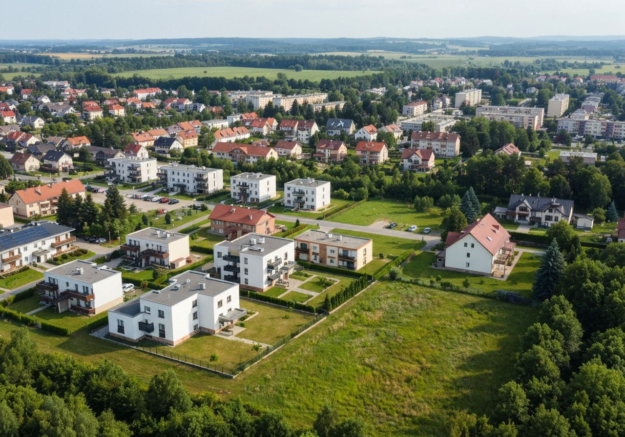 Aerial view of the town of Březová in the Sokolov District, lush green surroundings with modern residential architecture, editorial style, soft natural light, 85mm lens, high quality, no text, no letters