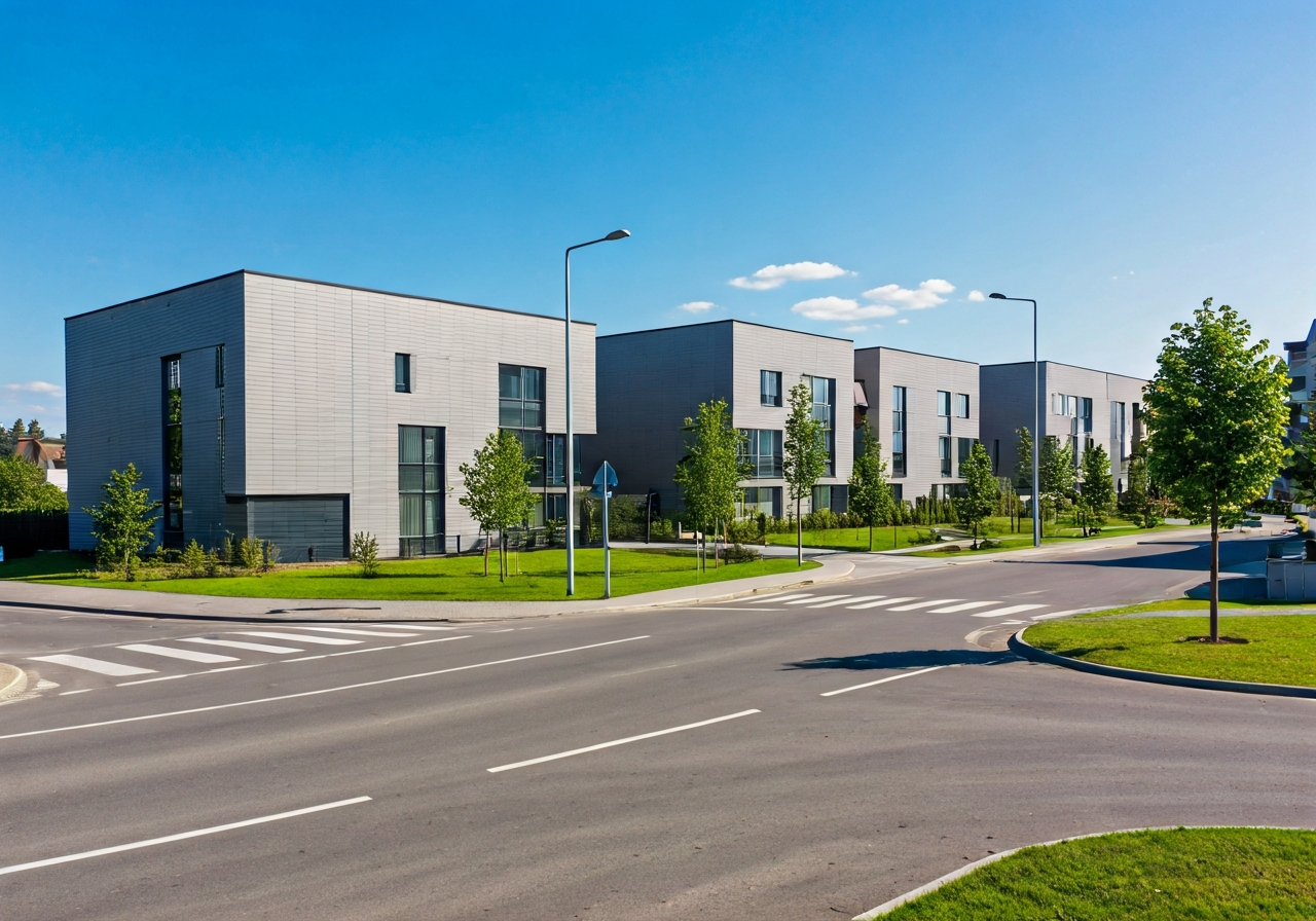 Aerial view of a clean, organized residential street in Březová, clear signage, modern housing, bright sunny day, editorial photography, 85mm lens, soft natural lighting, high resolution, no text, no words, no letters