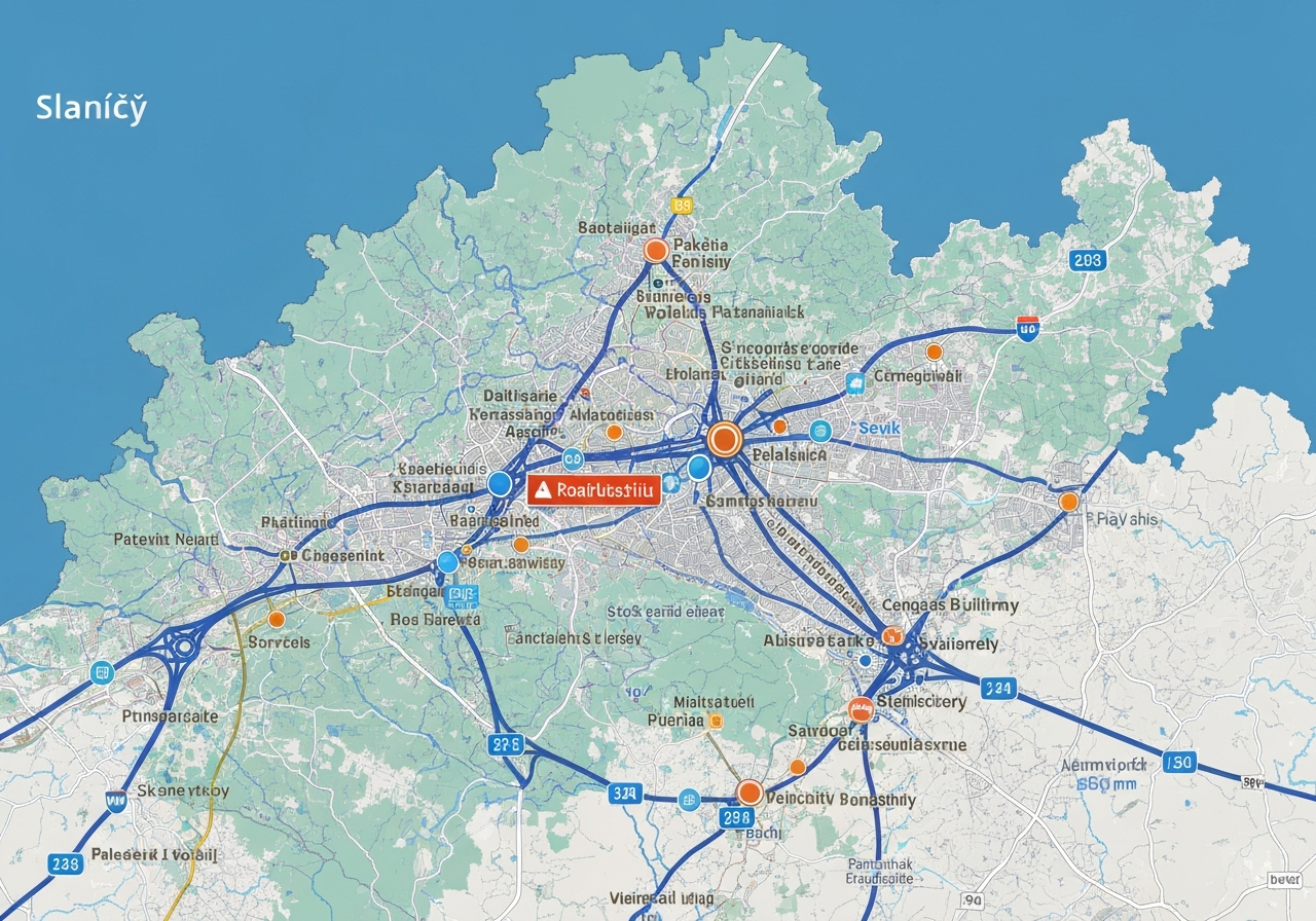 A professional logistics map overlay of the Slaný region in the Czech Republic, high-tech GIS interface, blue and white color scheme, clean modern aesthetic, soft natural daylight, 85mm lens, depth of field, no text, no words, no letters
