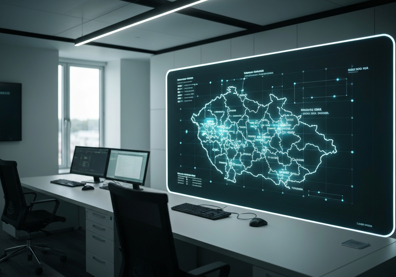 A high-tech digital logistics control room showing a glowing interactive map of the Czech Republic with data points, modern minimalist office environment, premium editorial photography, soft natural light, depth of field, 85mm lens, no text, no words, no letters