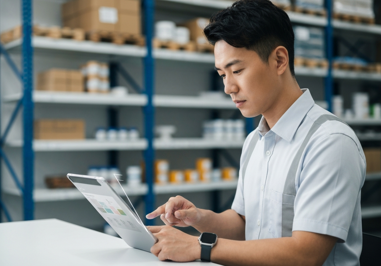 A professional logistics manager using a sleek digital interface on a high-end tablet, modern warehouse background with blurred organized shelving, minimalist workspace, soft natural light, editorial photography style, 85mm lens, high resolution, no text, no letters