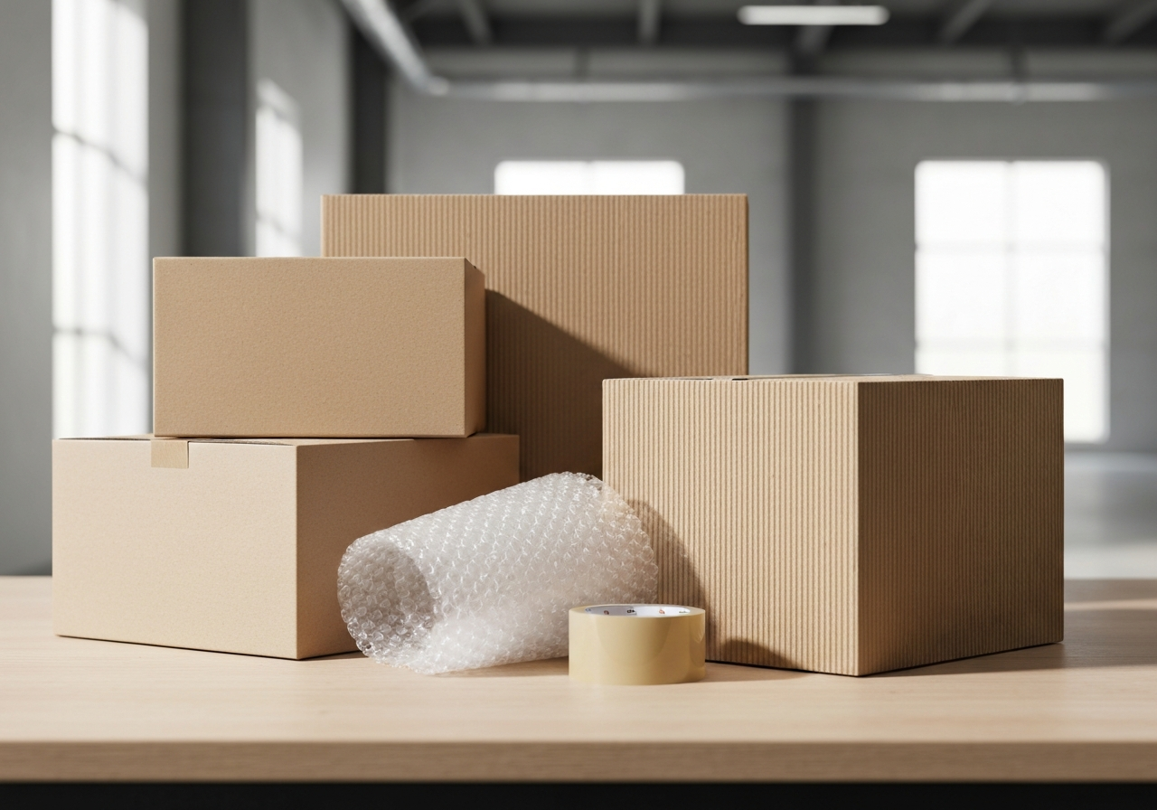 Professional packaging scene, high-quality corrugated cardboard boxes, bubble wrap, packing tape, modern minimalist warehouse background, soft natural light, editorial photography, 85mm lens, no text, no words, no letters